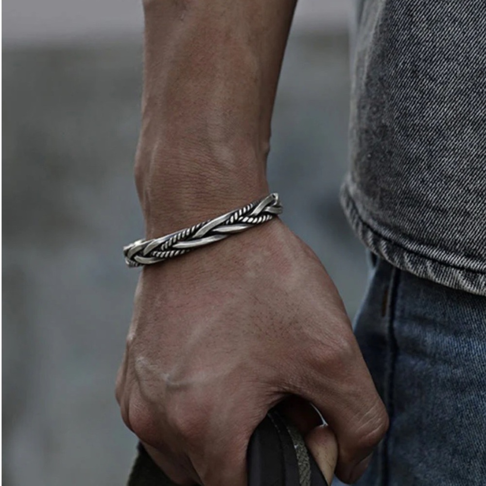 925 Silver Cuff Bracelet For Men Braided Adjustable NWOT One Size